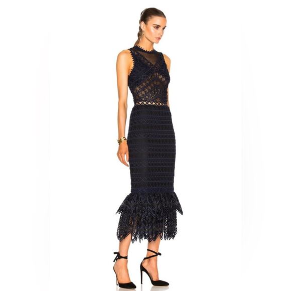 SIMKHAI Lattice Embroidered Mermaid Trumpet Dress Navy Blue and Black 2 - Picture 3 of 16